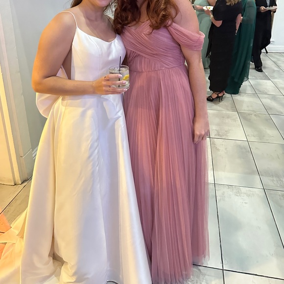 ASOS DESIGN off shoulder tulle maxi dress w/ tie back and pleated skirt in rose - Picture 4 of 4